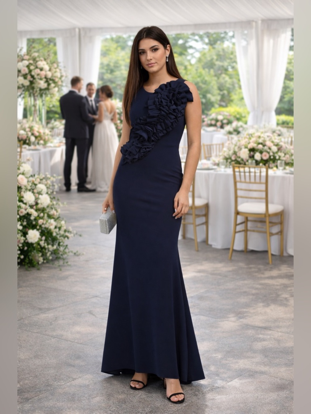 Betsy & Adam Navy Sleeveless Crepe Gown with 3D Ruffle Detail Size 8 NWT